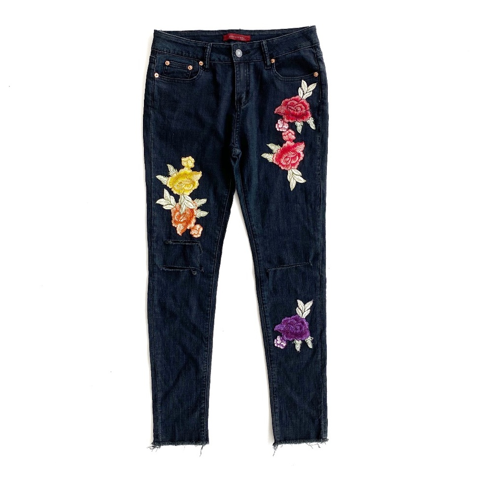 Signature8 Black Embroidered Floral Raw Hem Jeans